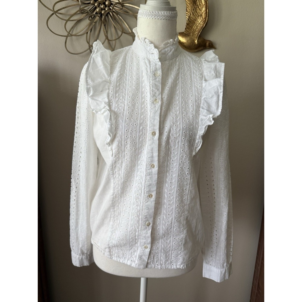 Stradivarius White Eyelet Ruffle Blouse Women's S Button Front Victorian Boho